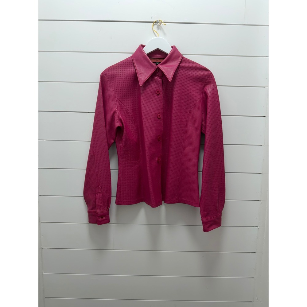 Nicola Berti Sz M Magenta Pink Perforated Italian Leather Shirt Jacket Formal